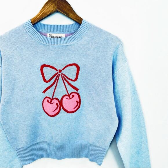 ๐ 3/$10 ๐ No Boundaries Cherry Design Sweater Light Blue Red Size Small - Picture 5 of 13